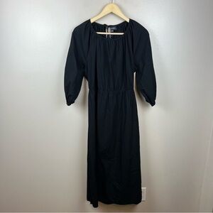 Piombo Midi Dress Size Medium Black Puff Sleeve Open Cut Out Back 100% Cotton